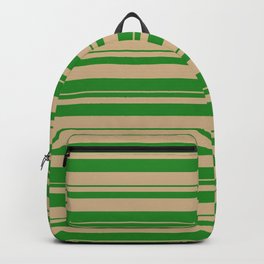 [ Thumbnail: Forest Green and Tan Colored Striped/Lined Pattern Backpack ]