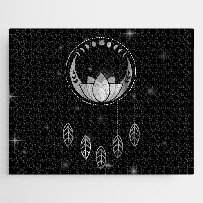 Mystic lotus dream catcher with moons and stars silver Jigsaw Puzzle