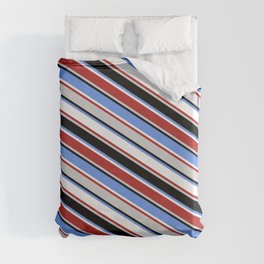 [ Thumbnail: Eyecatching Cornflower Blue, White, Red, Light Gray & Black Colored Lined/Striped Pattern Duvet Cover ]