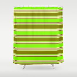 [ Thumbnail: Chartreuse, Pale Goldenrod, Green & Tan Colored Pattern of Stripes Shower Curtain ]