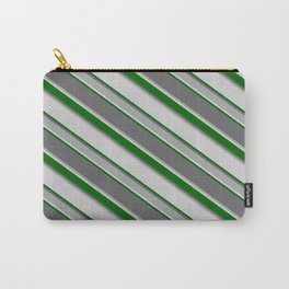 [ Thumbnail: Dim Grey, Dark Grey, Light Gray, and Dark Green Colored Stripes/Lines Pattern Carry-All Pouch ]