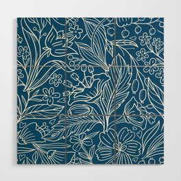 Leaves and flowers pattern on a dark blue background Wood Wall Art