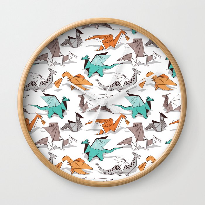 Origami dragon friends // white background aqua orange grey and taupe fantastic creatures Wall Clock
