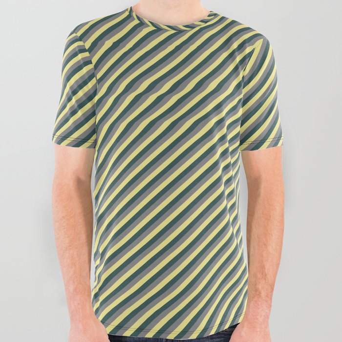 Gray, Tan, and Dark Slate Gray Colored Lines/Stripes Pattern All Over Graphic Tee