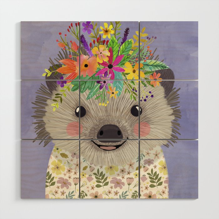 Hedgehog with floral crown Wood Wall Art