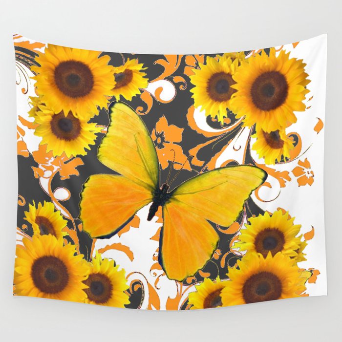 GOLDEN BUTTERFLY & SUNFLOWERS ARABESQUES Wall Tapestry