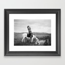 Red Hawk, Oglala Indian Chief on a horse at a pool of water on the plains black and white American Old West photograph Framed Art Print