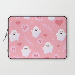Ghost Cute Seamless Pattern in Pink Colours with Skulls, Hearts and Leaves Laptop Sleeve