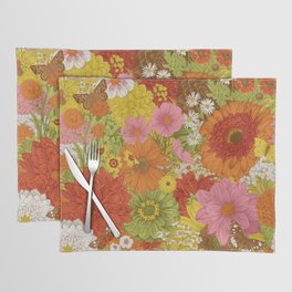 Seamless floral pattern 70s. Autumn flowers and butterflies. Warm colors.  Placemat