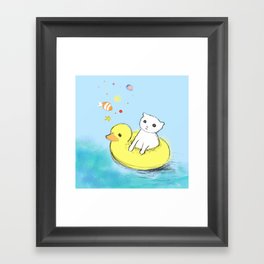 Cute White Kitten with duck lifebuoy and colored fish Framed Art Print
