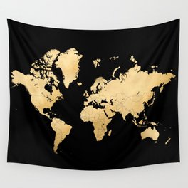 Sleek black and gold world map Wall Tapestry