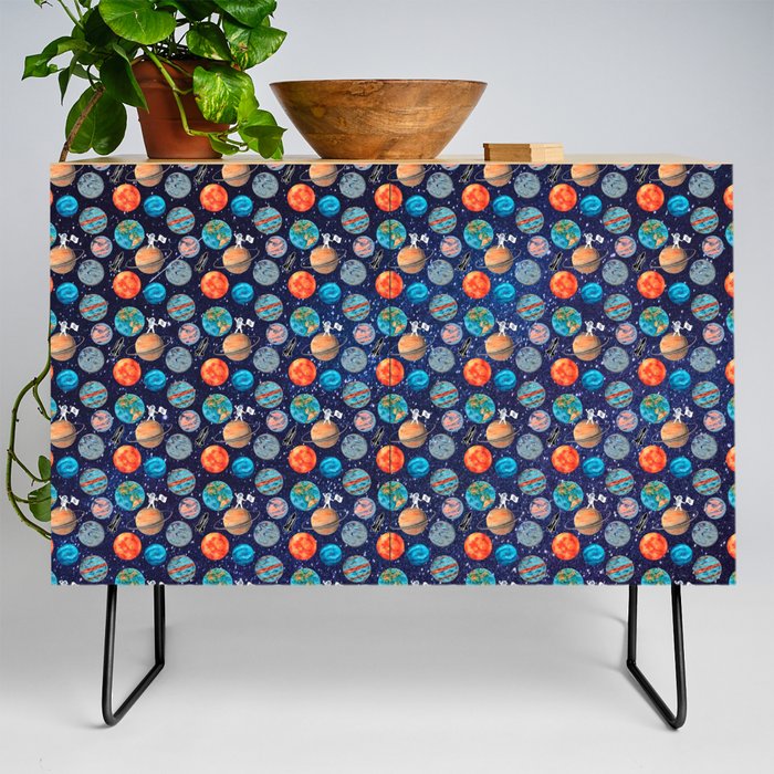 Ditsy Style Planets Astronauts and Rocket Ships on a Starry Sky Credenza