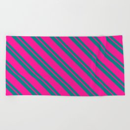 [ Thumbnail: Deep Pink & Teal Colored Lined/Striped Pattern Beach Towel ]