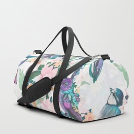 Watercolor Spring Flowers Birds White Pattern Duffle Bag