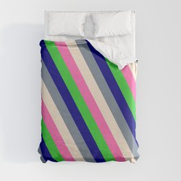 [ Thumbnail: Eyecatching Light Slate Gray, Beige, Hot Pink, Lime Green & Blue Colored Lined Pattern Duvet Cover ]