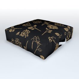 Gold Roses Silhouette on Black Outdoor Floor Cushion | Pattern, Rosebud, Leaves, Vintage, Retro, Countryside, Flowers, Background, Nature, Graphicdesign 
