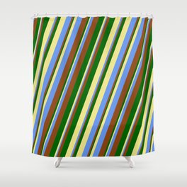 [ Thumbnail: Tan, Cornflower Blue, Brown, and Dark Green Colored Lines/Stripes Pattern Shower Curtain ]