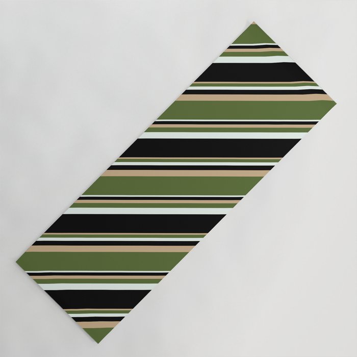 Tan, Dark Olive Green, Mint Cream & Black Colored Stripes Pattern Yoga Mat