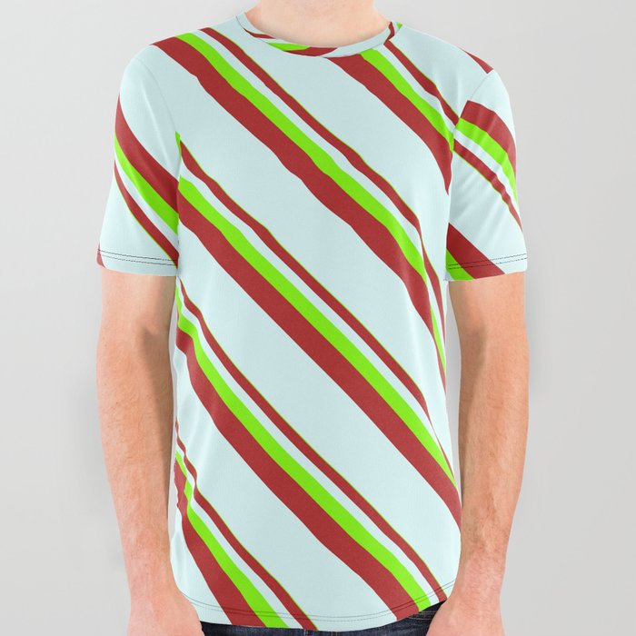 Chartreuse, Red & Light Cyan Colored Lined/Striped Pattern All Over Graphic Tee