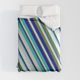 [ Thumbnail: Blue, Light Sea Green, Light Gray, Light Cyan & Dark Olive Green Colored Pattern of Stripes Comforter ]