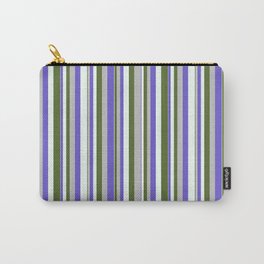 [ Thumbnail: Grey, Slate Blue, Mint Cream & Dark Olive Green Colored Stripes/Lines Pattern Carry-All Pouch ]
