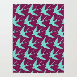 Swooping swallows bird pattern in aqua and purple Poster