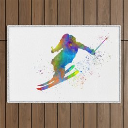 watercolor skier man skiing in the snow Outdoor Rug