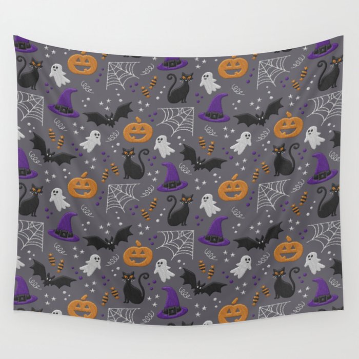 Halloween party symbols grey embroidery print Wall Tapestry