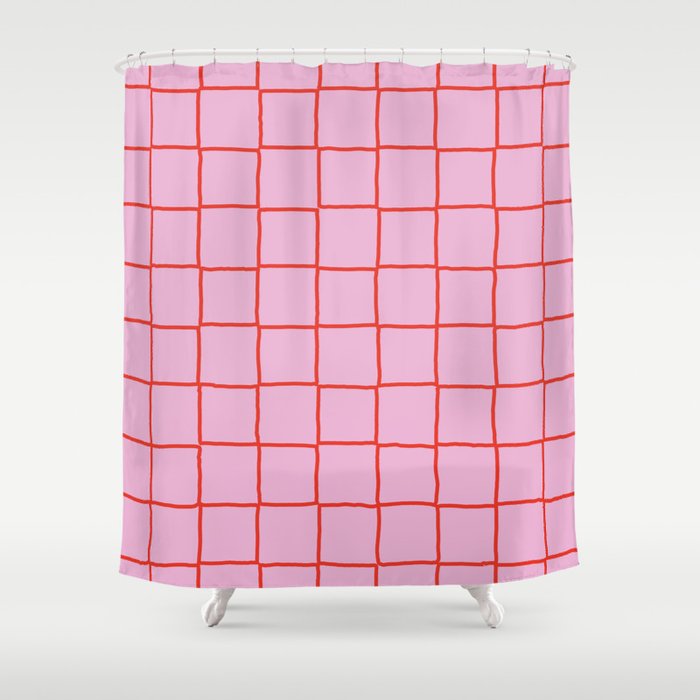 Retro Pink + Red Tiles Checker Plaid Shower Curtain