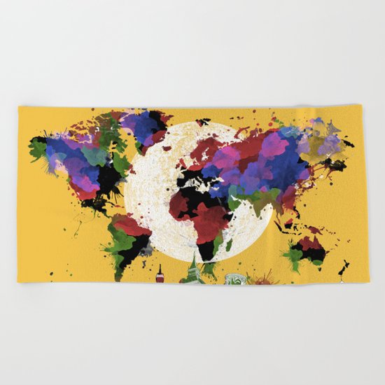 world map watercolor yellow Beach Towel