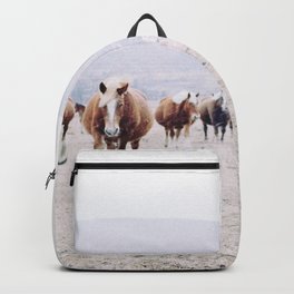 The wild horses in the winter landscape with white snow vintage illustration Backpack