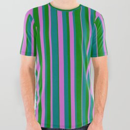 [ Thumbnail: Green, Orchid, and Teal Colored Lines Pattern All Over Graphic Tee ]
