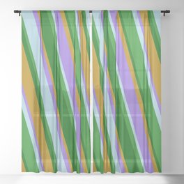 [ Thumbnail: Eye-catching Dark Goldenrod, Purple, Light Blue, Forest Green, and Dark Green Colored Lined Pattern Sheer Curtain ]