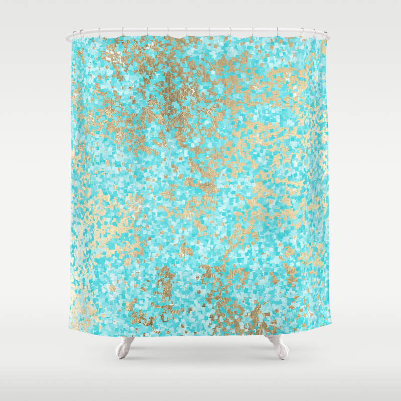 Abstract Teal White Faux Gold Modern Pattern Shower Curtain By