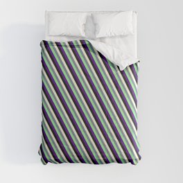 [ Thumbnail: Eyecatching Beige, Slate Gray, Light Green, Indigo, and Black Colored Lined Pattern Comforter ]