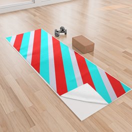 [ Thumbnail: Lavender, Cyan & Red Colored Striped Pattern Yoga Towel ]