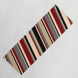 [ Thumbnail: Dim Grey, Tan, Black, Bisque & Maroon Colored Pattern of Stripes Yoga Mat ]