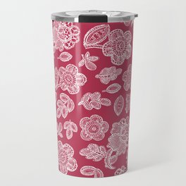 Lace flowers and leaves white on dark pink  Travel Mug