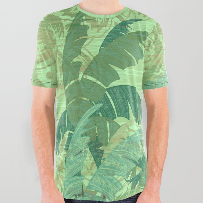 Polynesian Palm Trees And Hibiscus Shades Of Green Jungle Abstract All Over Graphic Tee
