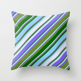 [ Thumbnail: Vibrant Medium Slate Blue, Green, Dark Green, Light Sky Blue & Lavender Colored Stripes Pattern Throw Pillow ]