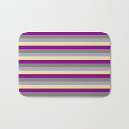[ Thumbnail: Purple, Gray, Dark Grey, and Tan Colored Lined Pattern Bath Mat ]