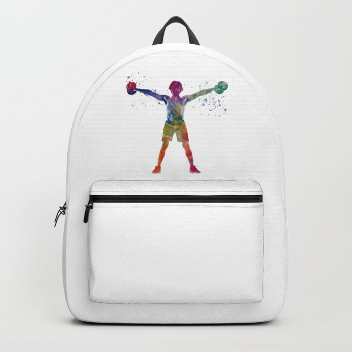 Young man exercising fitness in watercolor Backpack