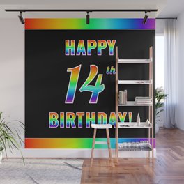 [ Thumbnail: Fun, Colorful, Rainbow Spectrum “HAPPY 14th BIRTHDAY!” Wall Mural ]