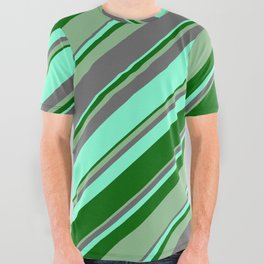 [ Thumbnail: Dim Gray, Aquamarine, Dark Green, and Dark Sea Green Colored Lines/Stripes Pattern All Over Graphic Tee ]