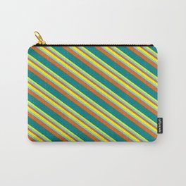 [ Thumbnail: Yellow, Light Sky Blue, Chocolate & Teal Colored Pattern of Stripes Carry-All Pouch ]