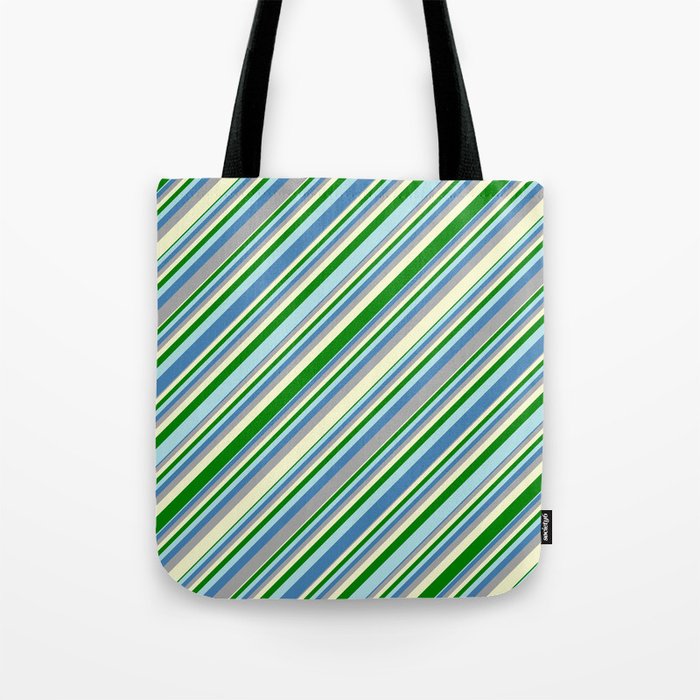 Eye-catching Blue, Dark Gray, Light Yellow, Green, and Powder Blue Colored Lined Pattern Tote Bag