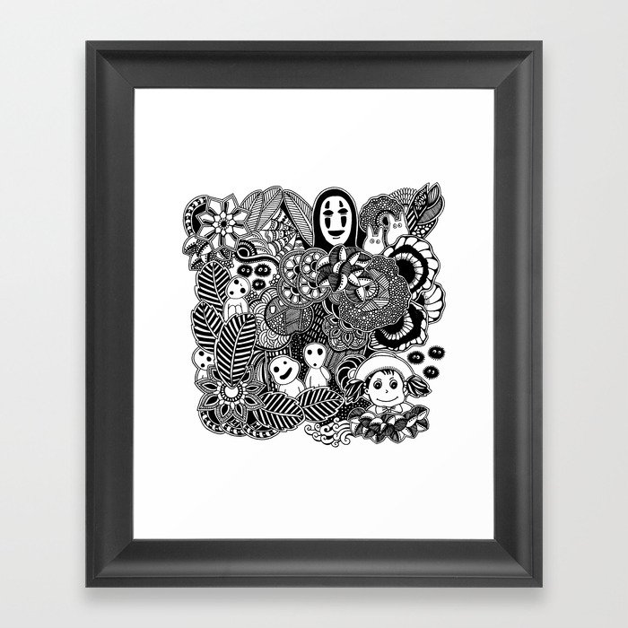Ghibli  inspired black and white doodle art Framed Art Print