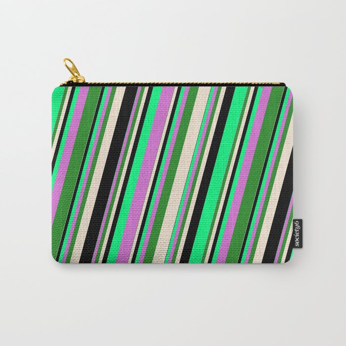 Vibrant Green, Orchid, Forest Green, Beige & Black Colored Striped Pattern Carry-All Pouch