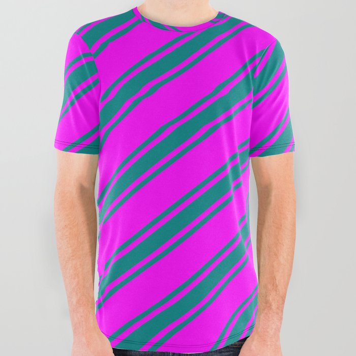 Fuchsia and Teal Colored Stripes Pattern All Over Graphic Tee