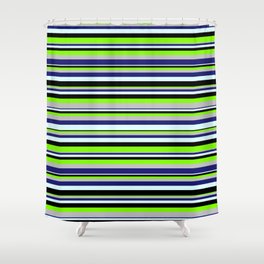 [ Thumbnail: Vibrant Chartreuse, Grey, Midnight Blue, Light Cyan & Black Colored Lined/Striped Pattern Shower Curtain ]